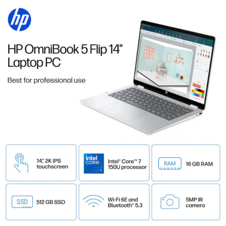 HP OmniBook 5 Flip |14th Gen Intel Core 7 | 16GB RAM 512GB SSD | 14" 2K Touchscreen | Backlit | Silver | Windows 11